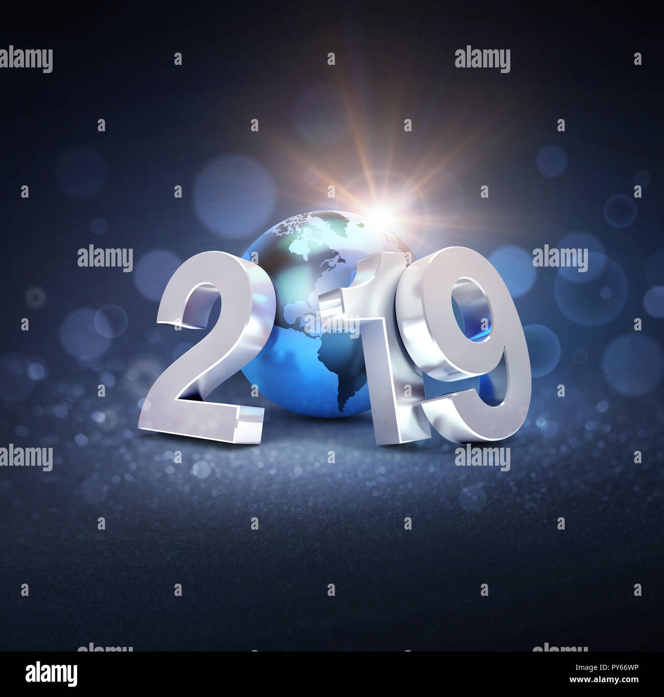 Nouvelle Année 2019 date d'argent composé d'une planète bleue, la terre sur un fond noir - 3D illustration Banque D'Images