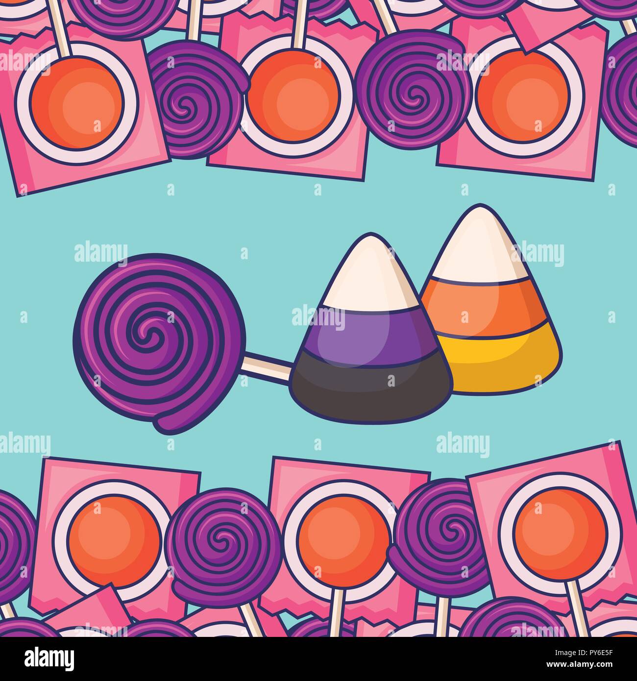 Bonbons sucrés sur fond bleu et sucettes cadre, design coloré. vector illustration Illustration de Vecteur