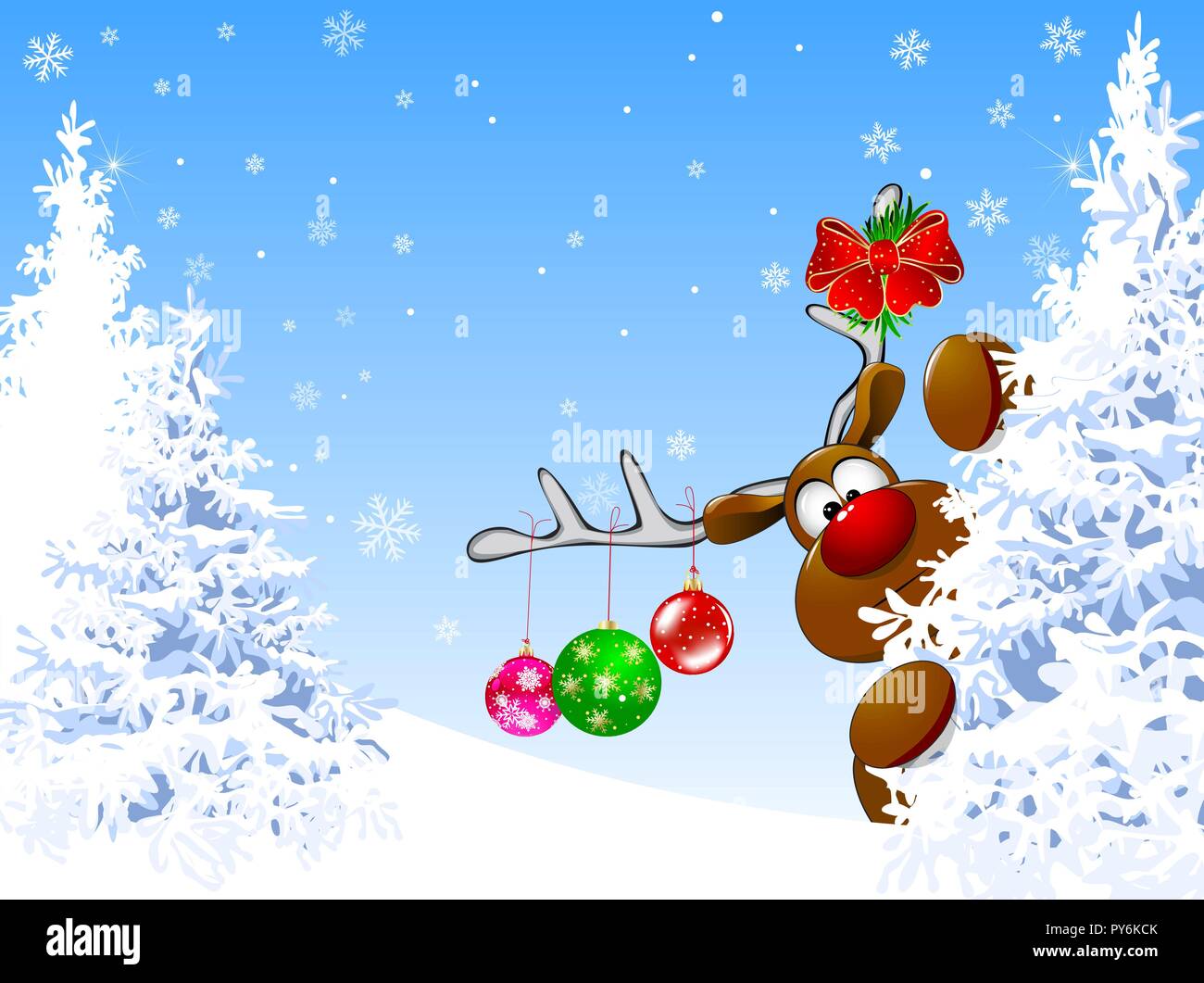 Deer, décoré avec des décorations de Noël, sur fond de forêt couverte de neige. Illustration de Vecteur