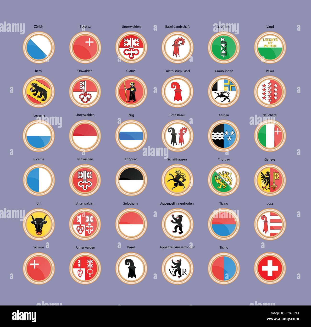Ensemble d'icônes vectorielles. Cantons et régions de Suisse drapeaux. 3D illustration Illustration de Vecteur