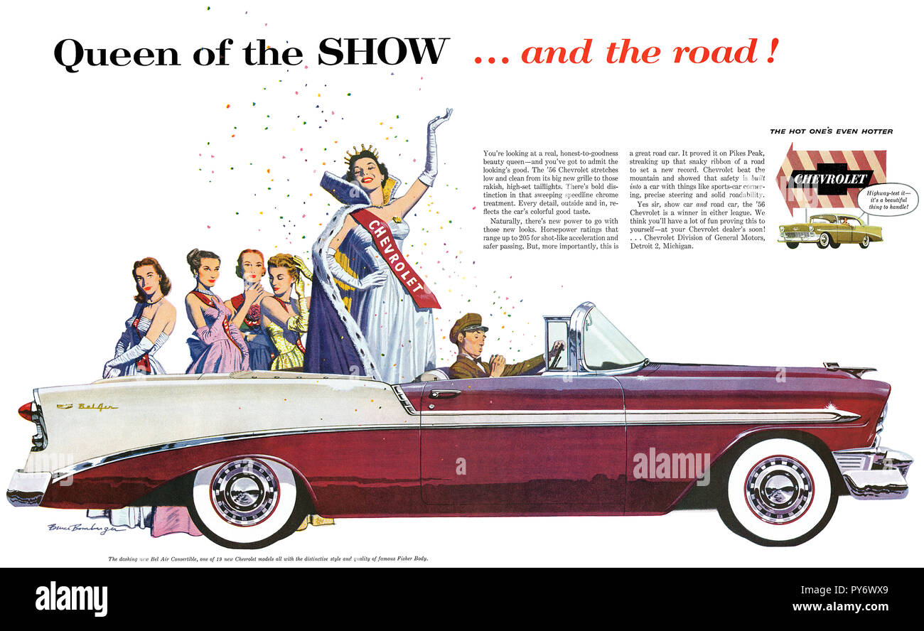 1956 publicité pour les automobiles américaines Chevrolet, avec le Bel Air convertible. Banque D'Images