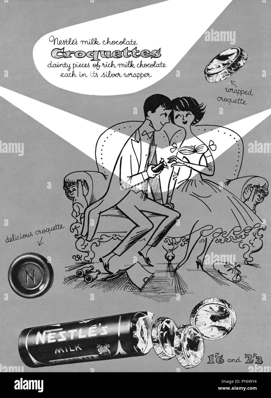 1958 La publicité pour le chocolat au lait Nestlé croquettes. Banque D'Images
