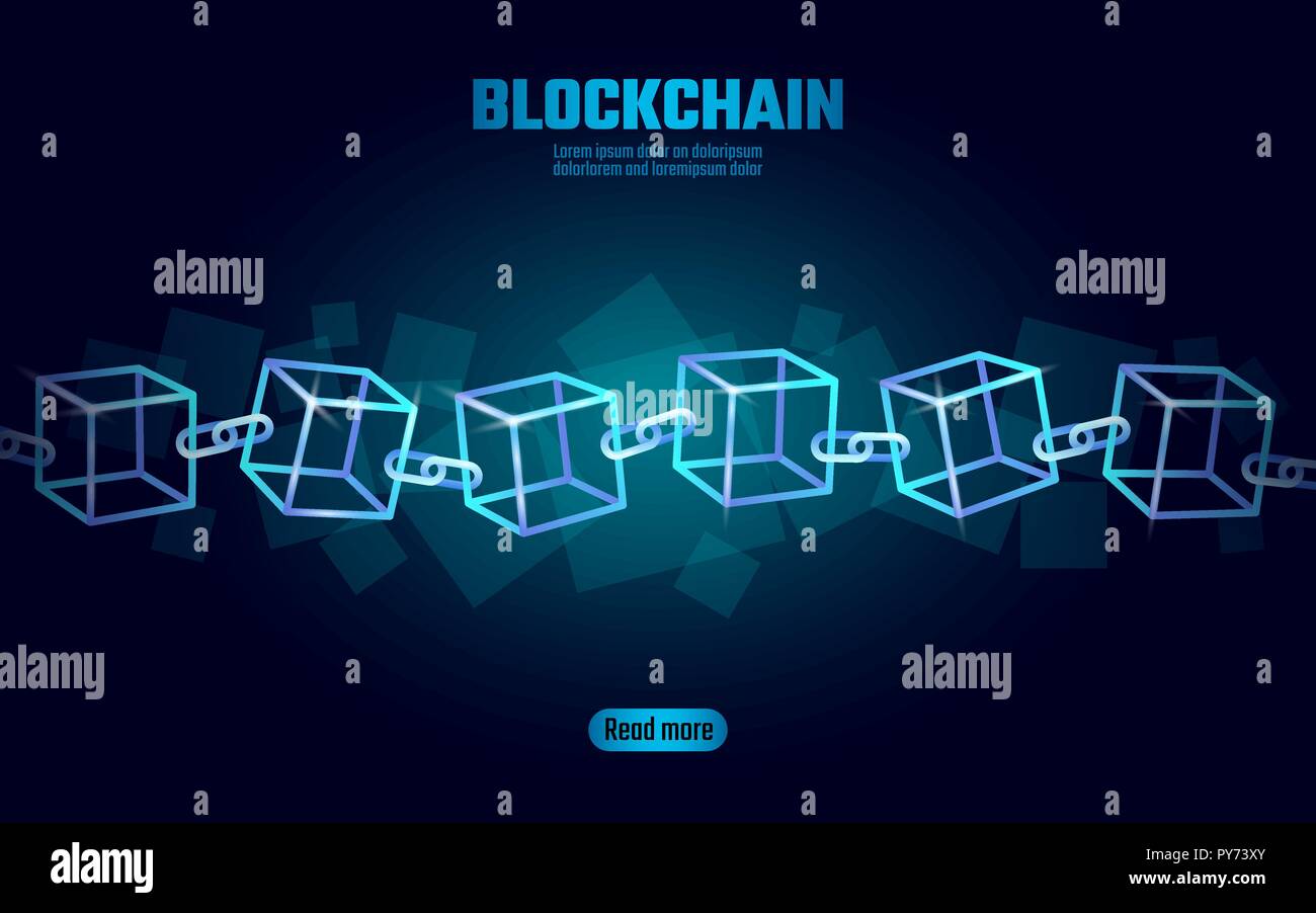 Blockchain chaîne cube sur symbole code carré grand flux de données d'informations. Lumineux néon bleu tendance moderne. Cryptocurrency finances business concept bitcoin arrière-plan modèle d'illustration vectorielle Illustration de Vecteur