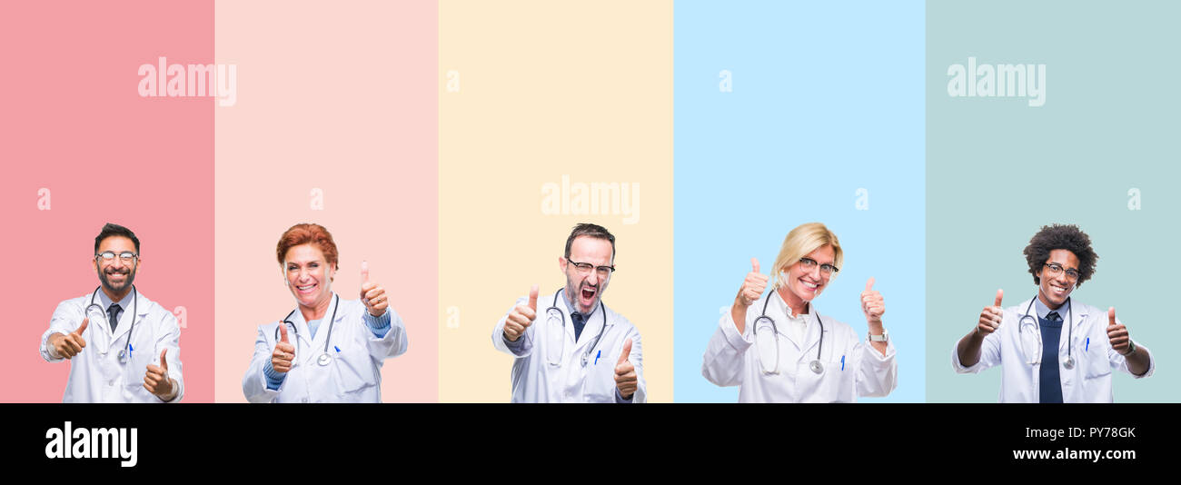 Collage des bandes colorées sur les médecins professionnels fond isolé d'approuver ce geste positif avec la main, les pouces jusqu'en souriant et heureux pour Banque D'Images