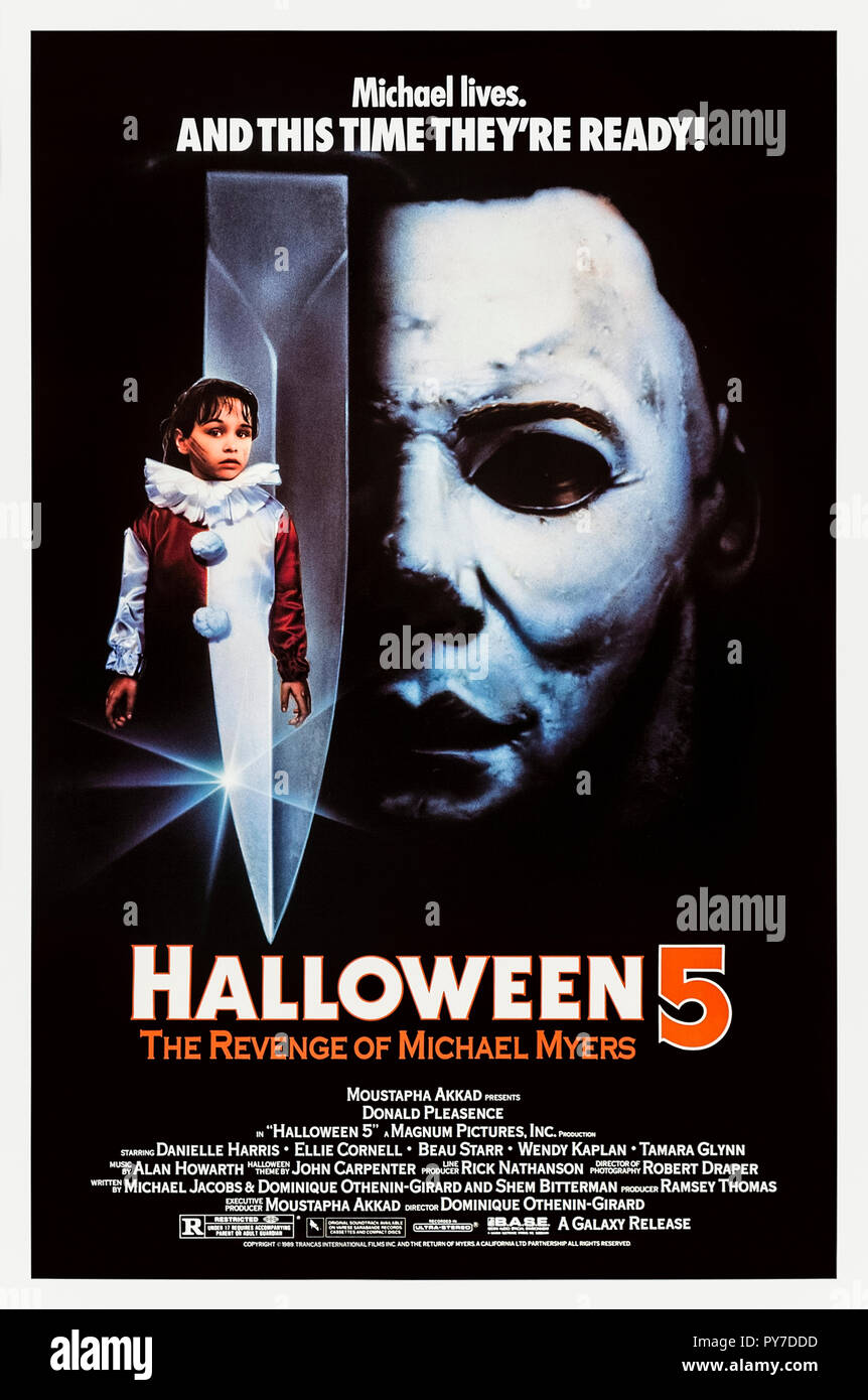 Halloween 5 (1989) réalisé par Dominique Othenin-Girard et avec Donald Pleasence, Ellie Cornell, Danielle Harris et Beau Starr. Michael Myers revient encore à tuer sa nièce. Banque D'Images