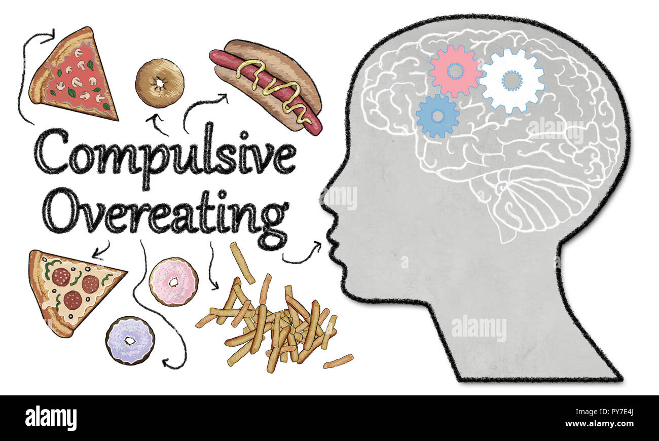 La compulsion alimentaire illustré de la malbouffe et l'activité du cerveau sur fond blanc Banque D'Images