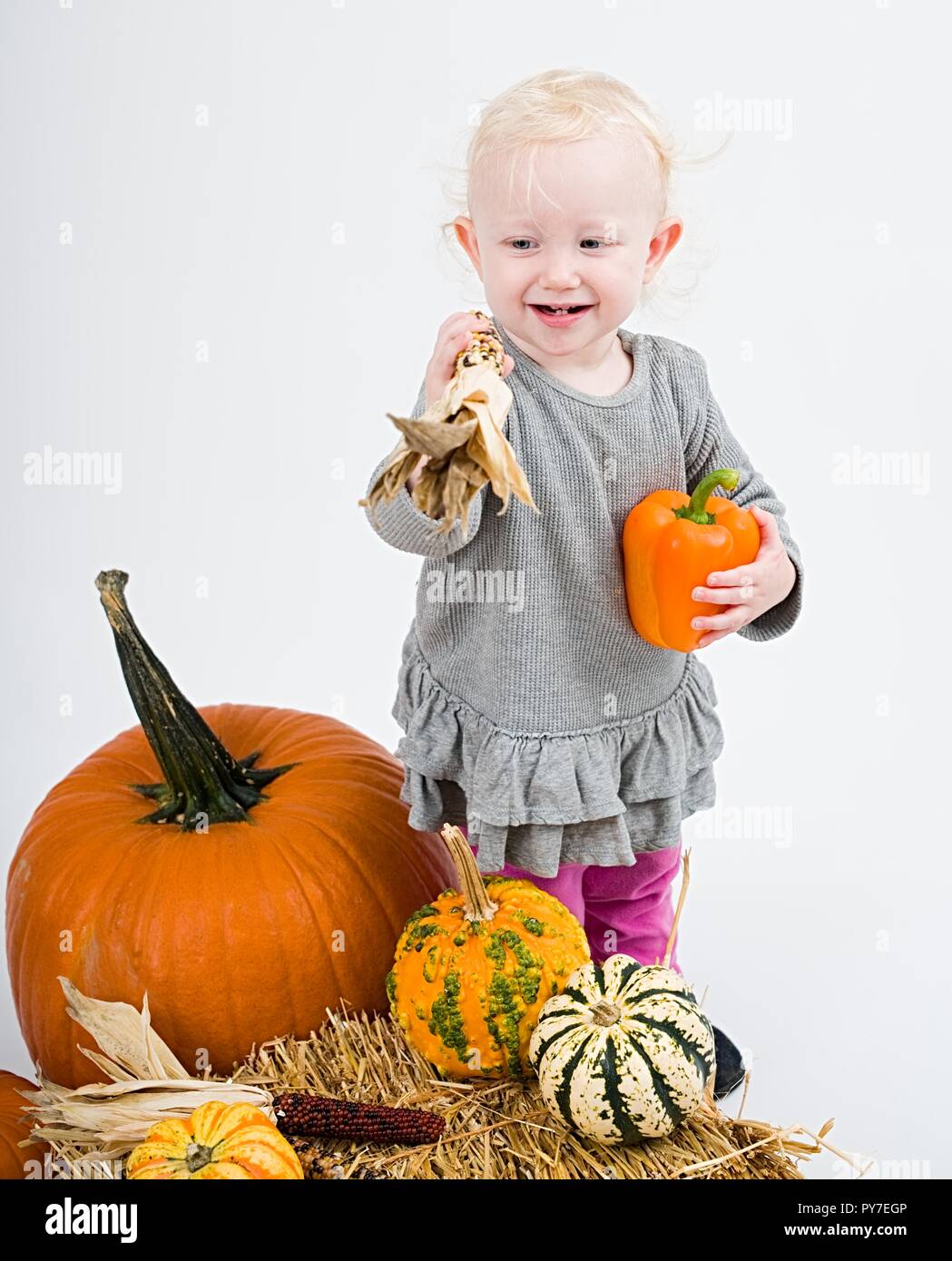 Petit bébé avec des citrouilles sur fond blanc Banque D'Images