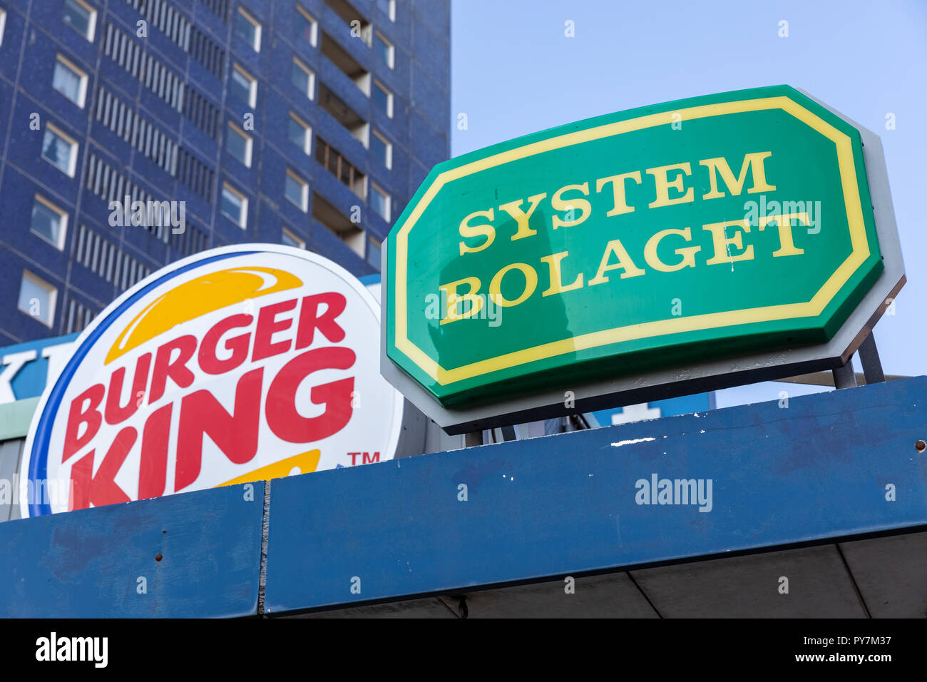 Systembolaget et Burger King, signes, Malmö, Suède Banque D'Images