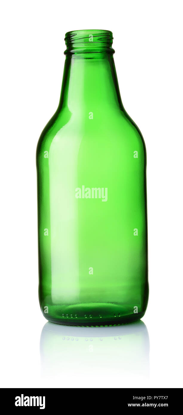 Vue avant de vert bouteille de bière vide isolated on white Banque D'Images