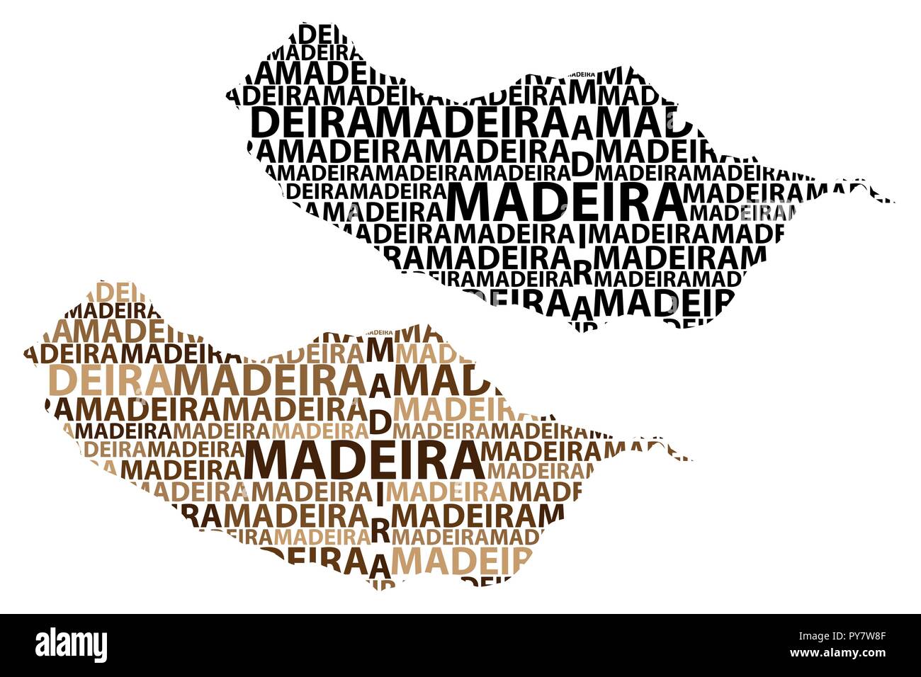 Texte lettre Madère Sketch map, île de Madère - sous la forme du continent, la carte Région autonome de Madère - marron et noir vector illustrat Illustration de Vecteur