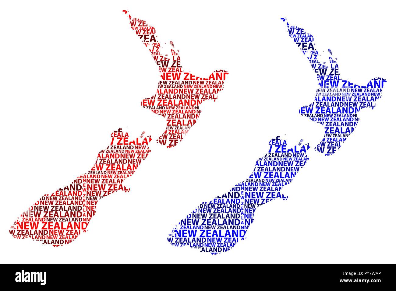 Sketch Nouvelle-zélande carte texte de lettre, Nouvelle-Zélande - sous la forme du continent, la carte Nouvelle-zélande - rouge et bleu vector illustration Illustration de Vecteur