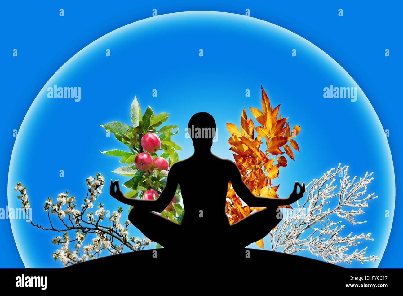 Yoga féminin figure dans une sphère avec 4 différentes branches, représentant les 4 saisons de l'année (printemps, été, automne, hiver). Notion de temps qui passe Banque D'Images