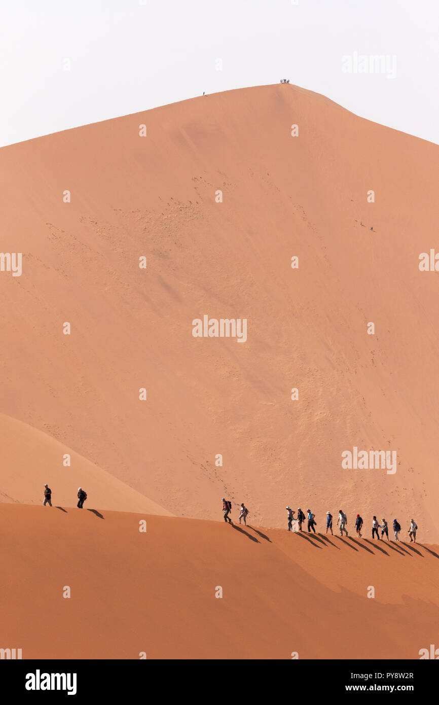 Les touristes à marcher le long de la crête d'une dune de sable ; Big Daddy en arrière-plan ; Dune Sossusvlei, Désert du Namib, Namibie, Afrique du Sud Banque D'Images