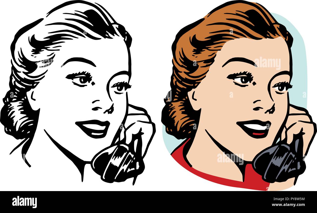 Une femme a une conversation sur un téléphone vintage. Illustration de Vecteur