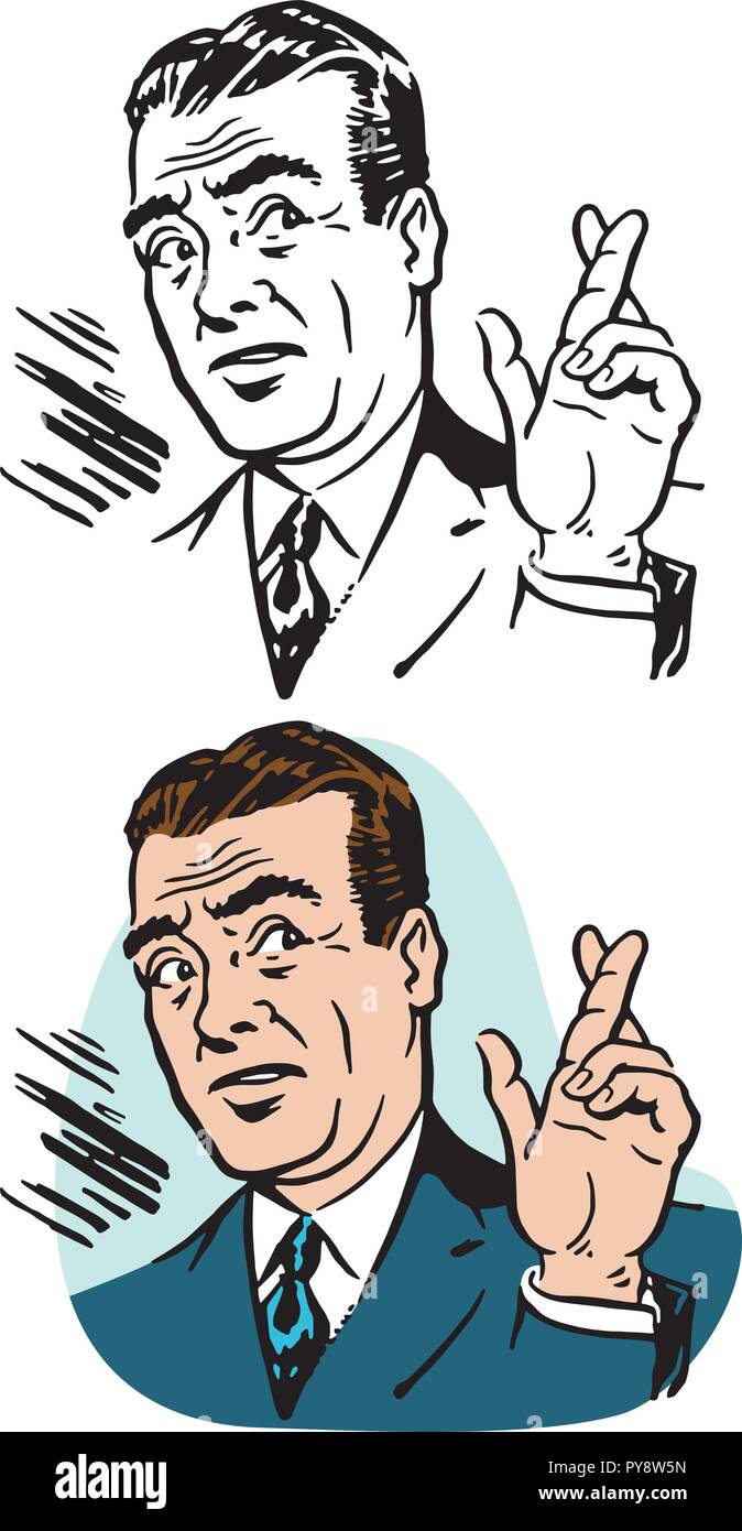 Un homme avec une expression inquiète croisant les doigts. Illustration de Vecteur