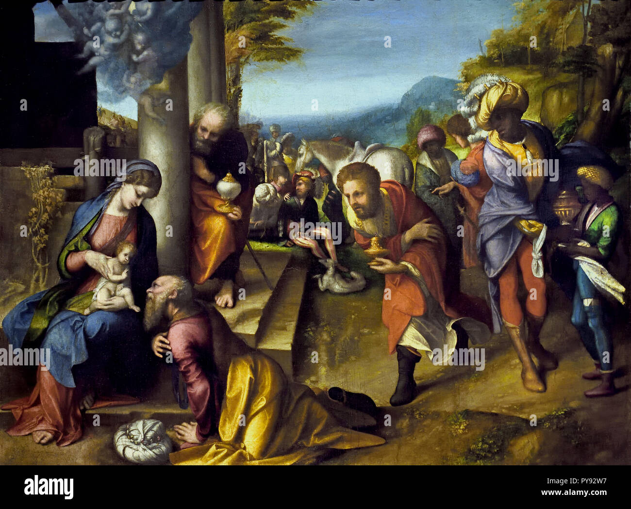 Adoration des Mages 1516-1517 Corrège (Antonio Allegri) 16e siècle, l'Italie, l'italien. Banque D'Images