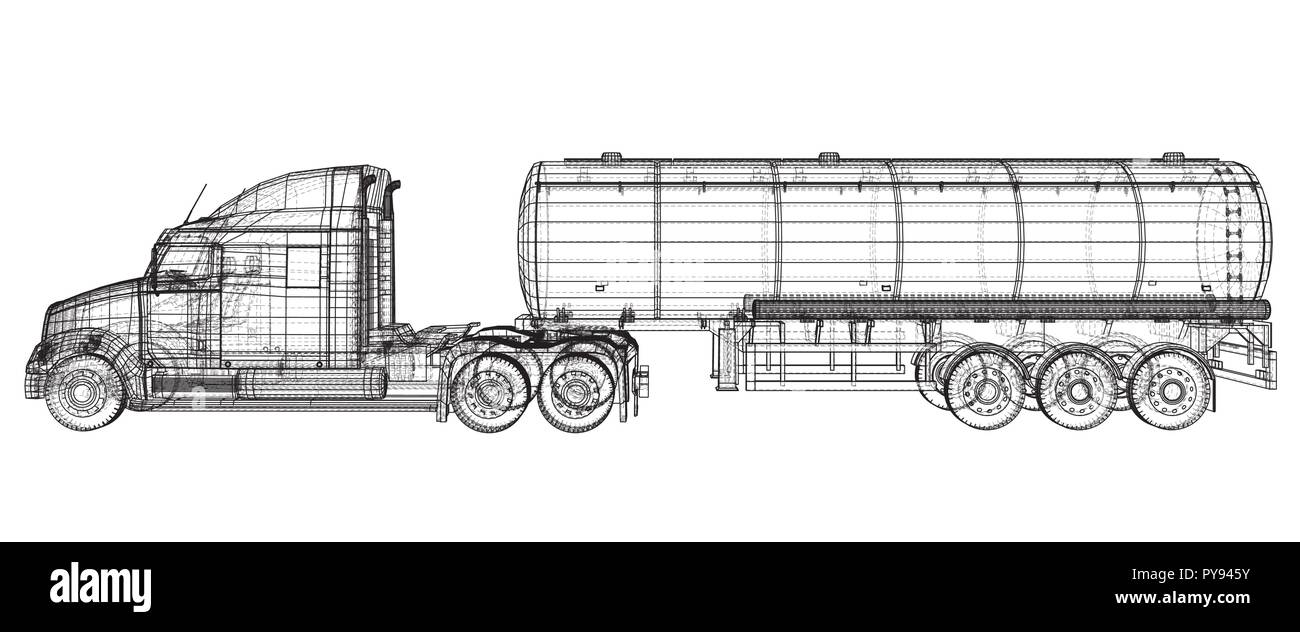 Remorque-citerne, d'huile, d'un camion sur l'autoroute. Camions-citernes de carburant automobile d'expédition. Illustration 3d de traçage. Format vectoriel EPS 10 isolé sur blanc. Illustration de Vecteur