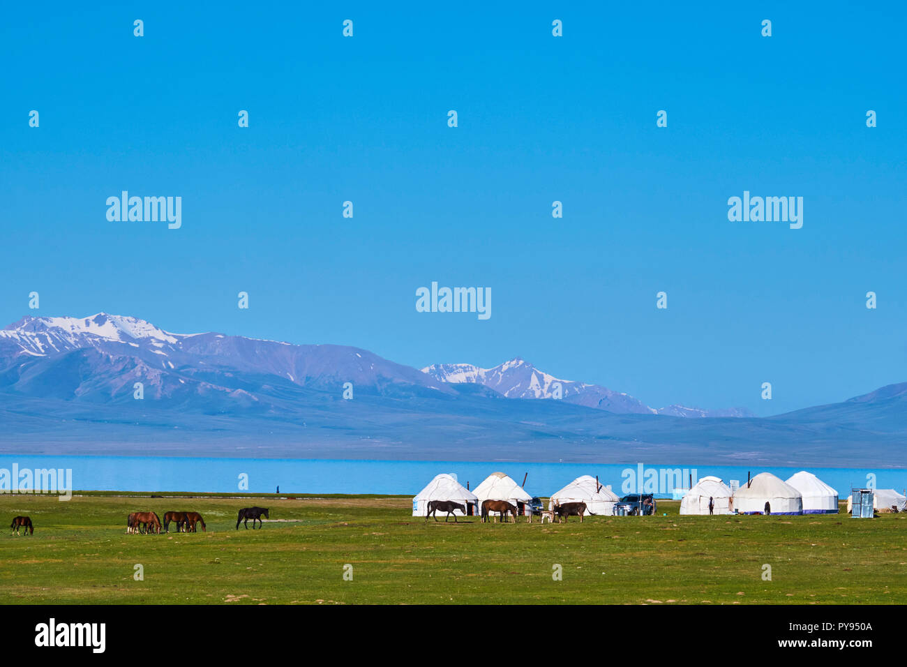 Le Kirghizistan, province de Naryn, chanson, lac Kol Kirghiz Nomad's camp de yourte Banque D'Images