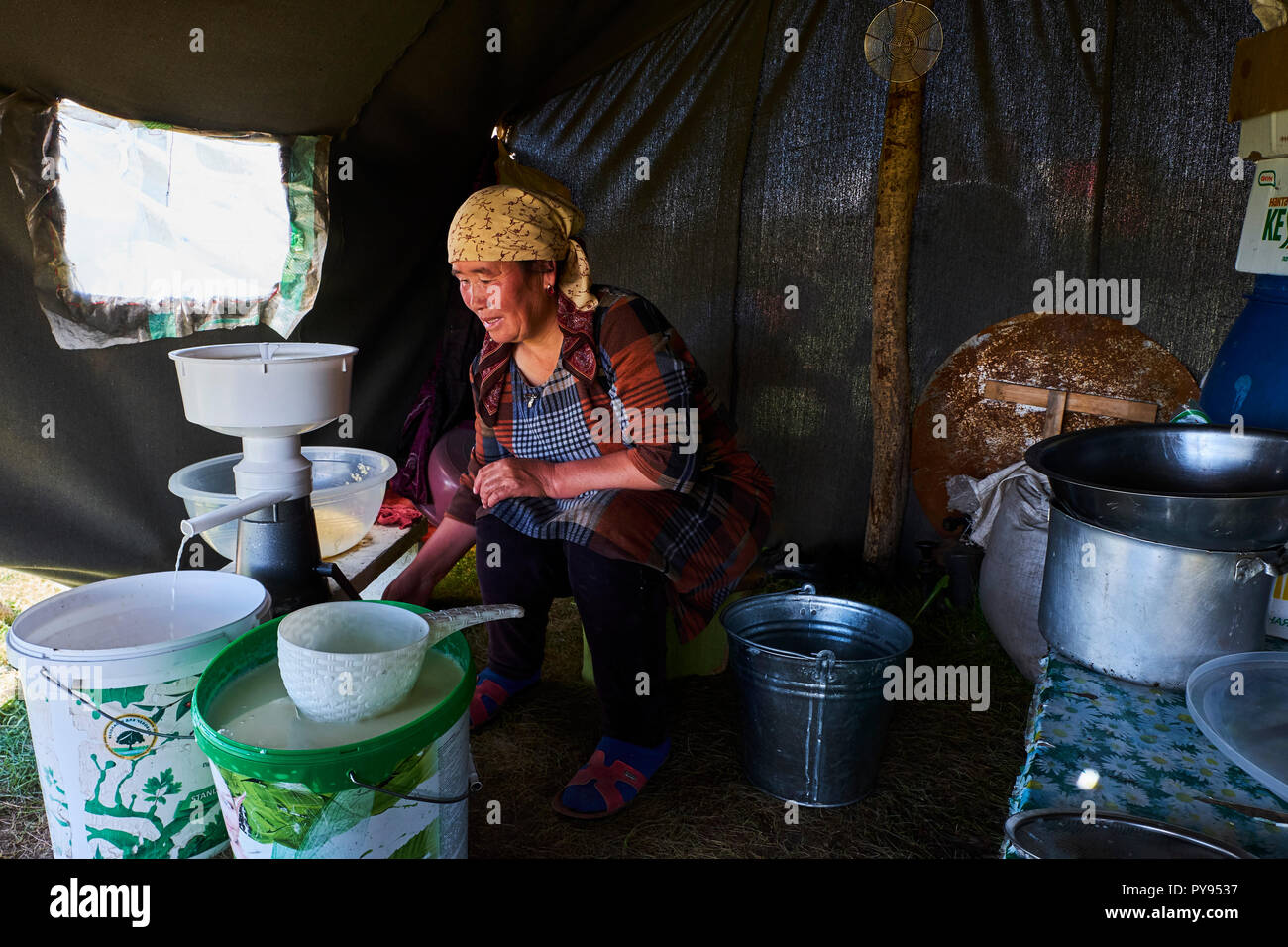 Le Kirghizistan, province de Naryn, chanson, lac Kol Kirghiz Nomad's camp de yourte, crème fraîche faire Banque D'Images
