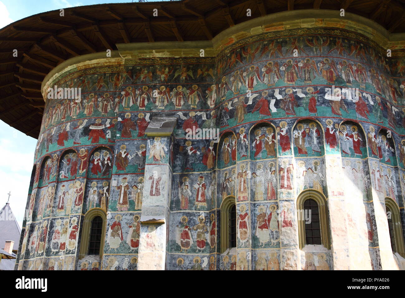 Des fresques sur l'extérieur de l'église du monastère de Sucevita,peint entre 1582-1601, partie de la Bucovine Monastère group en Roumanie Banque D'Images