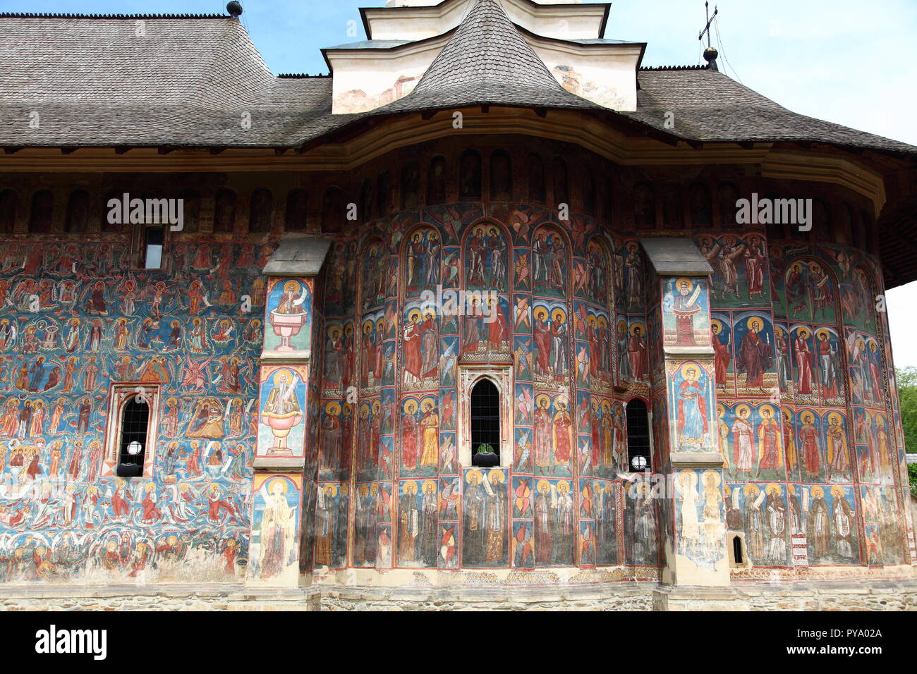 Des fresques sur l'extérieur de l'église du monastère de Moldovita, peint en 1537, partie de la Bucovine Monastère group Banque D'Images