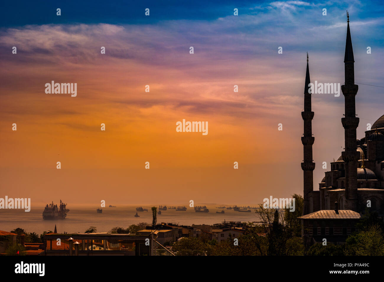 Les minarets et les dômes de la Mosquée Bleue et la mer de Marmara Bosphore avec en arrière-plan, Istanbul, Turquie. Banque D'Images