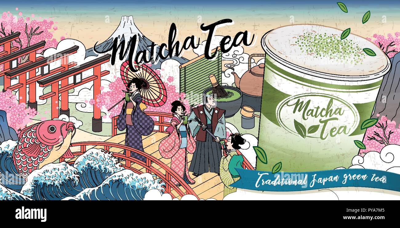 L'Ukiyo-e thé Matcha ads avec giant cup à emporter sur rue, Japanese style rétro Illustration de Vecteur