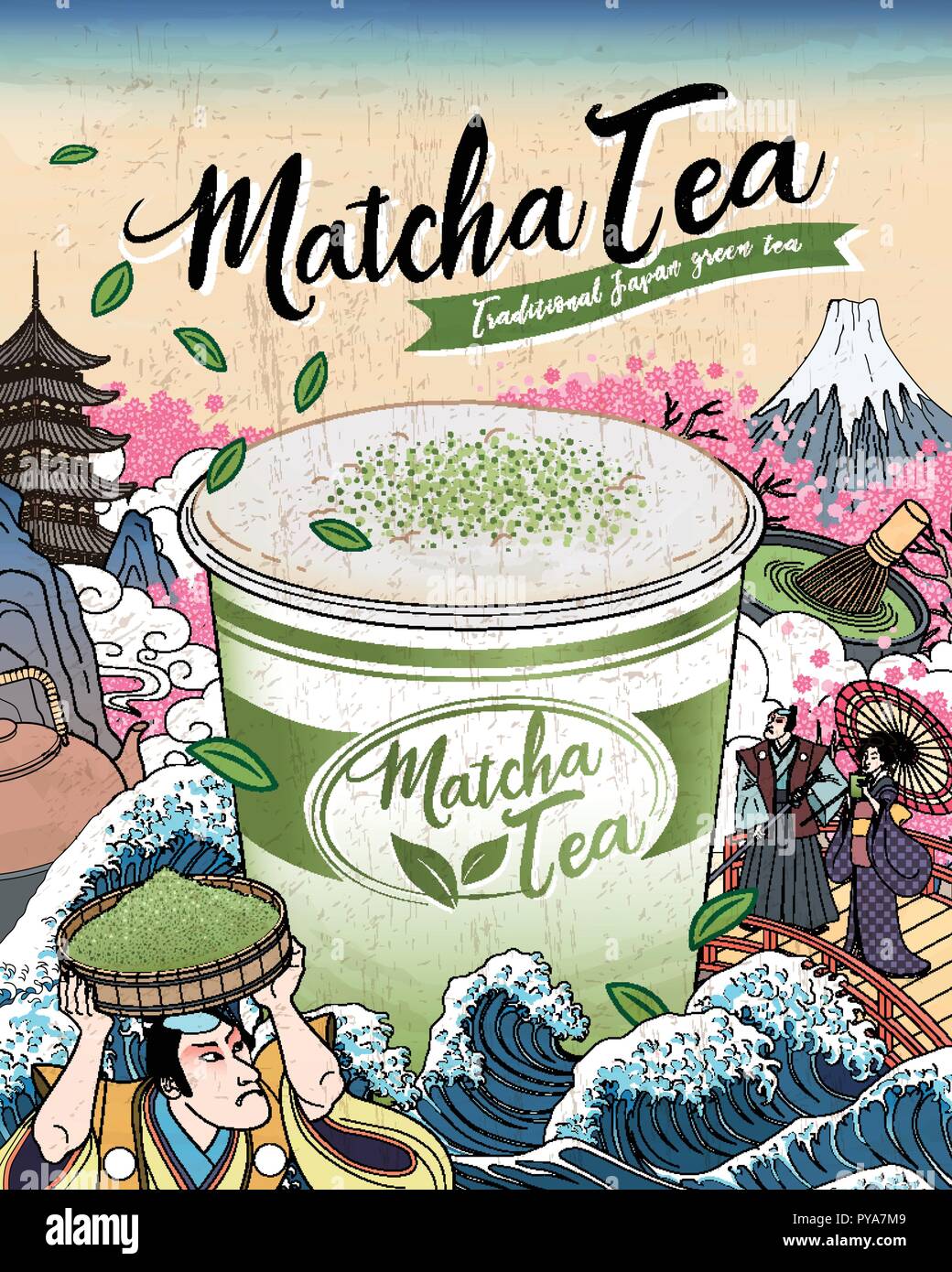 L'Ukiyo-e thé Matcha annonces avec des plats à emporter géant flottant coupe sur les marées océaniques, Japonais vintage art Illustration de Vecteur