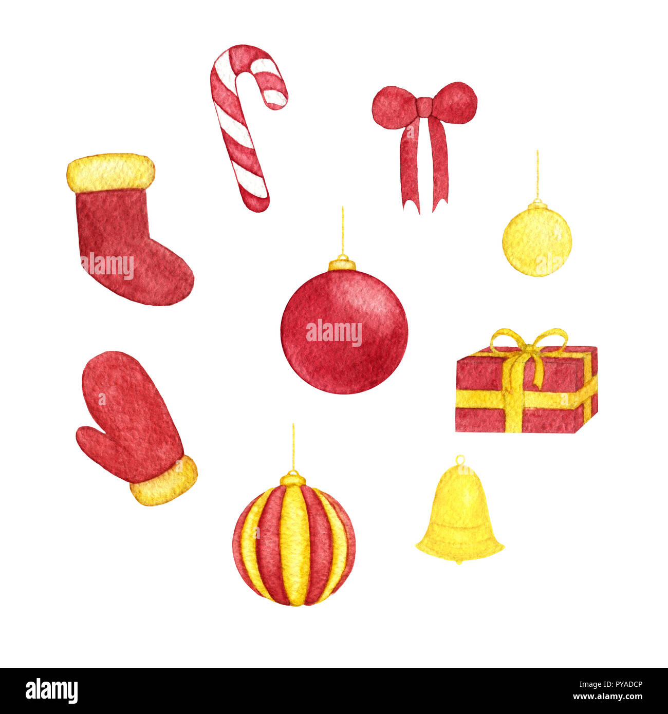 Jeu de noël peinte à la main de l'aquarelle des boules de couleurs rouge et jaune, Bell, bow, coffret-cadeau, des bonbons, et d'initialisation mitten isolé sur le fond blanc. Banque D'Images