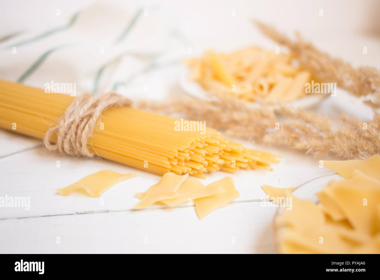 Variétés de pâtes sur une table en bois blanc, spaghetti, penne, maltagliati, la cuisine locale Banque D'Images