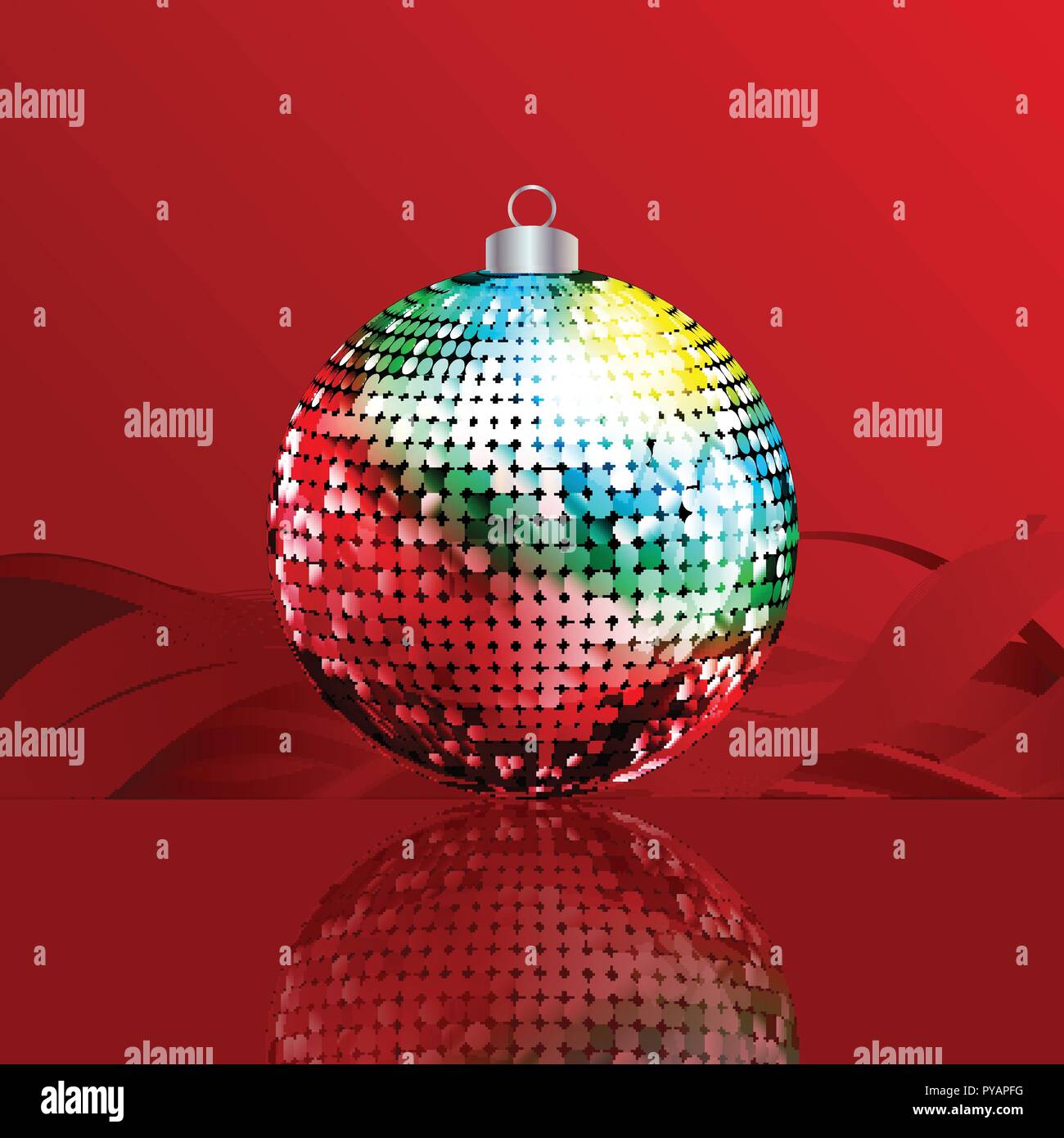 Boule disco Noël fête multicolore sur fond rouge avec des vagues Illustration de Vecteur