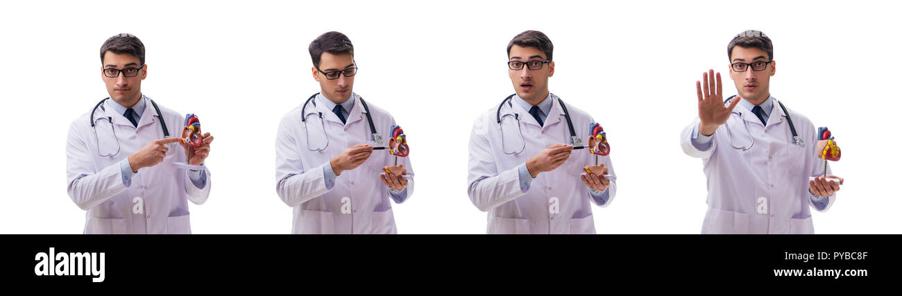 Jeune médecin avec forme de coeur isolated on white Banque D'Images