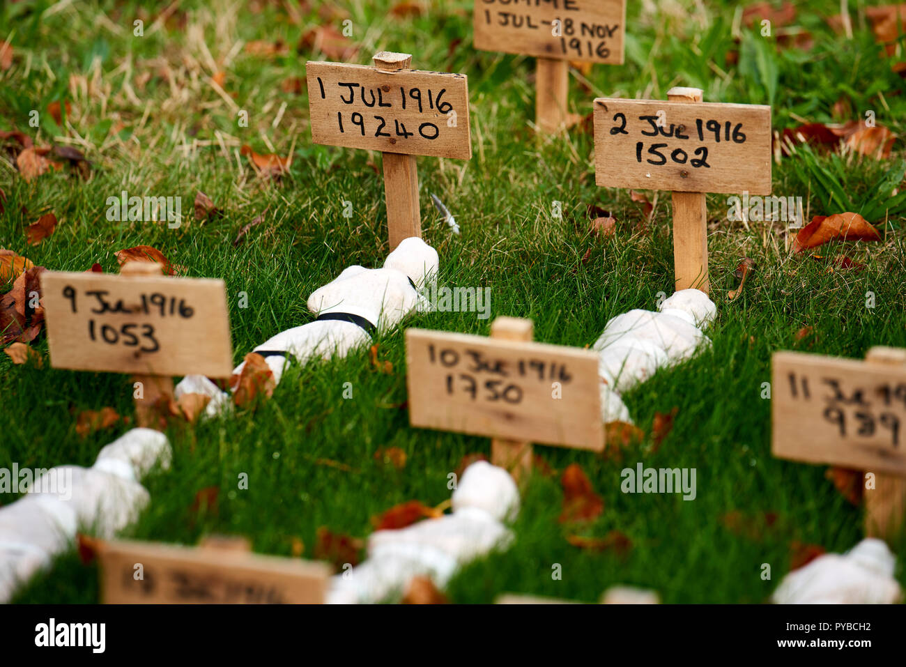 Une installation d'art temporaires à Thiepval. "Vies perdues" par l'artiste Rob entendu - marquant le nombre de décès sur chaque jour de la Première Guerre mondiale. Banque D'Images