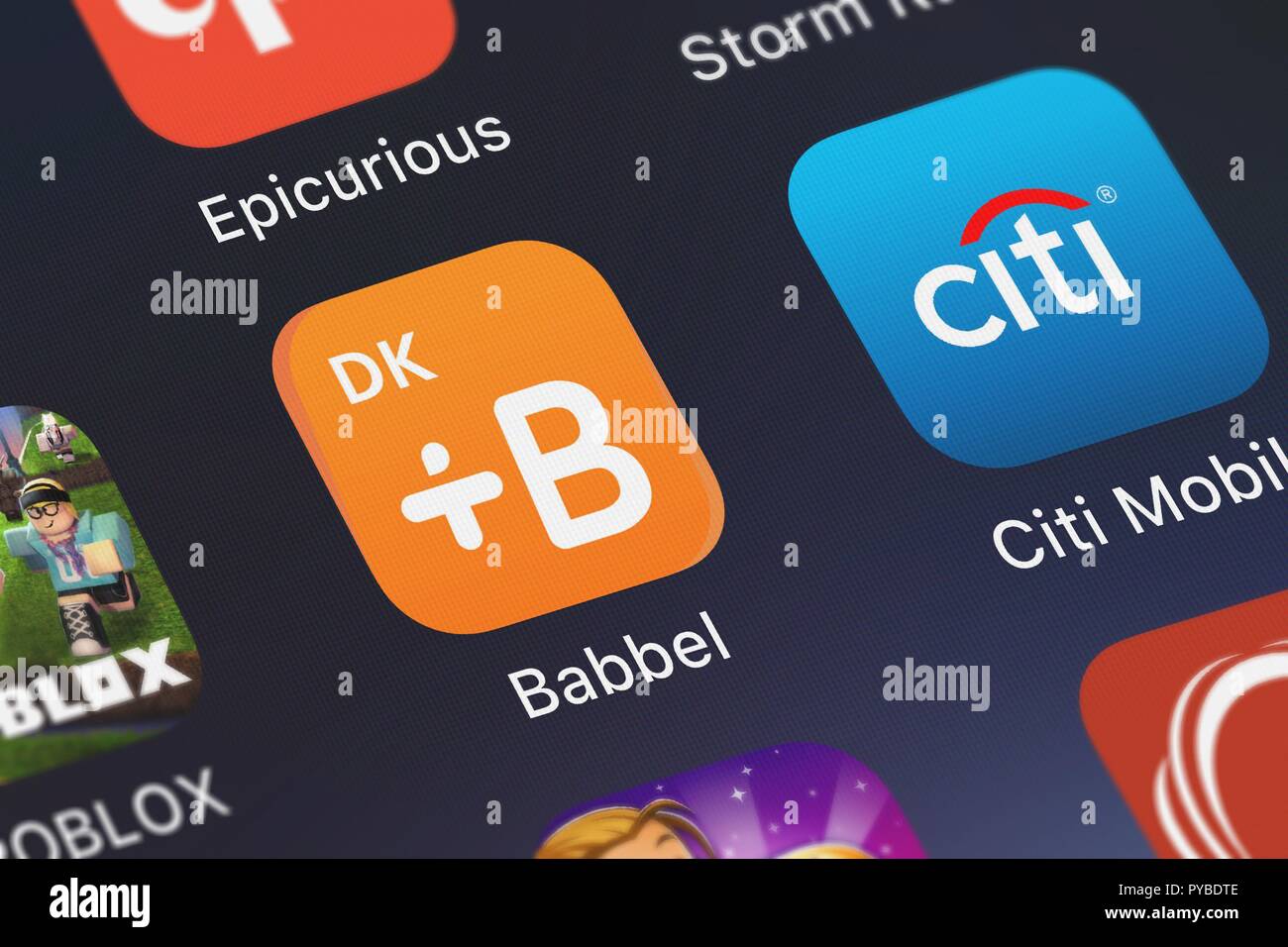 Londres, Royaume-Uni - Octobre 26, 2018 : l'icône de l'application mobile Babbel - Apprendre le danois à partir de la leçon neuf GmbH sur un iPhone. Banque D'Images