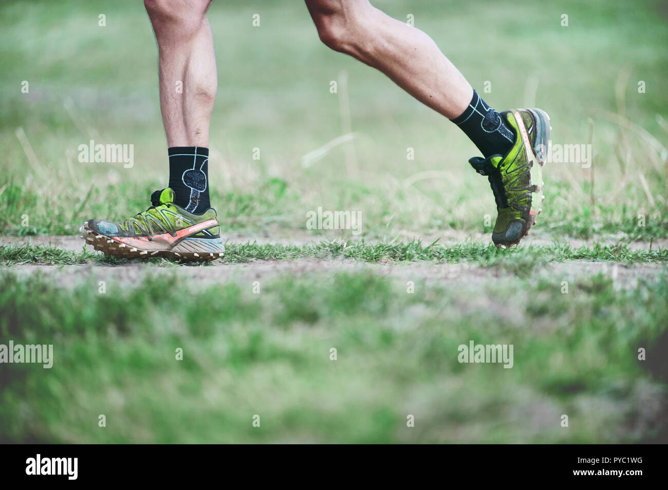 République tchèque, SLAPY, Octobre 2018 : Trail Maniacs Exécuter la concurrence. Les jambes du coureur en vert Salomon Running Shoes. Banque D'Images