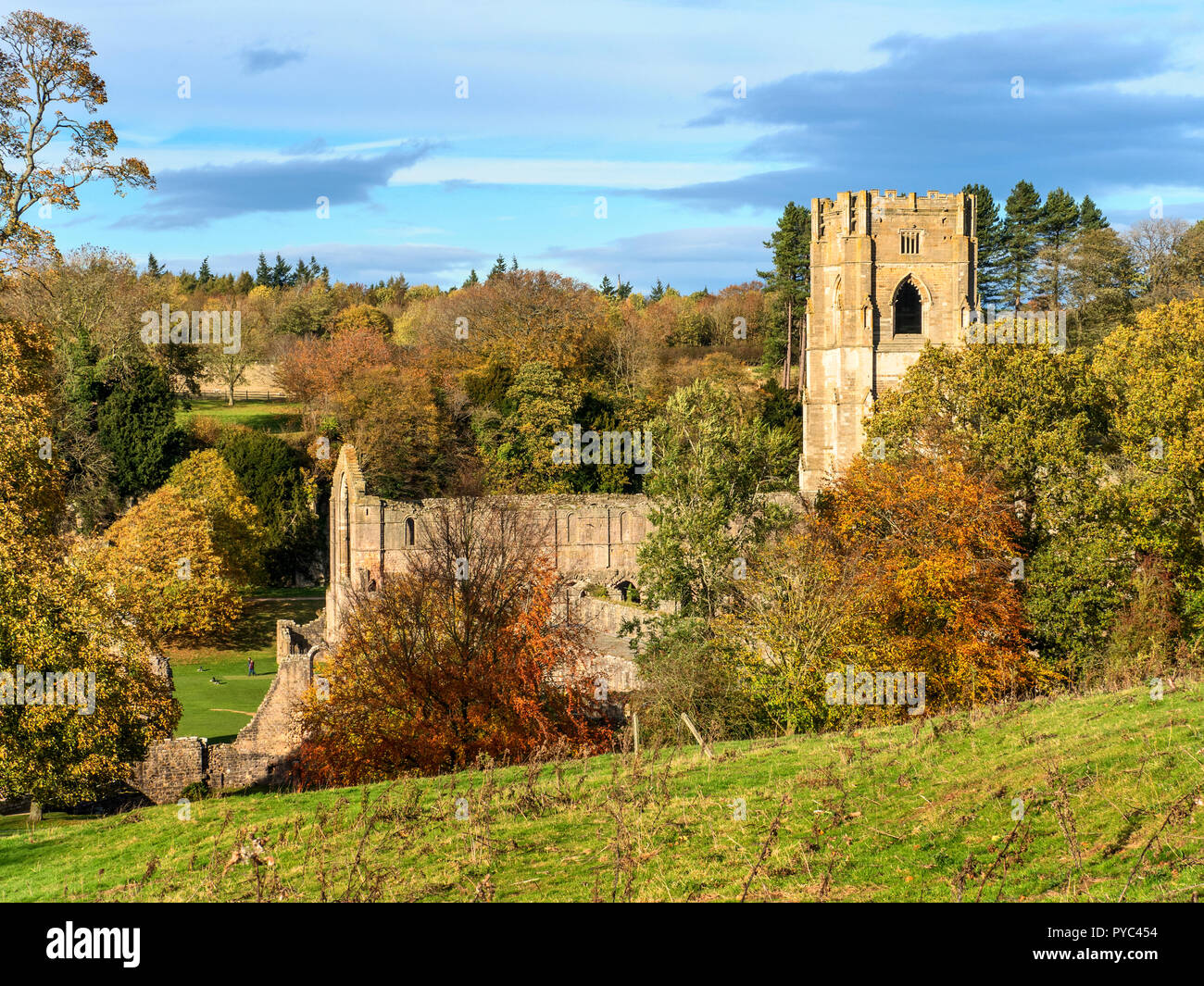 L'abbaye de Fountains parmi les arbres d'automne de l'abbaye Chemin mur près de Ripon North Yorkshire Angleterre Banque D'Images