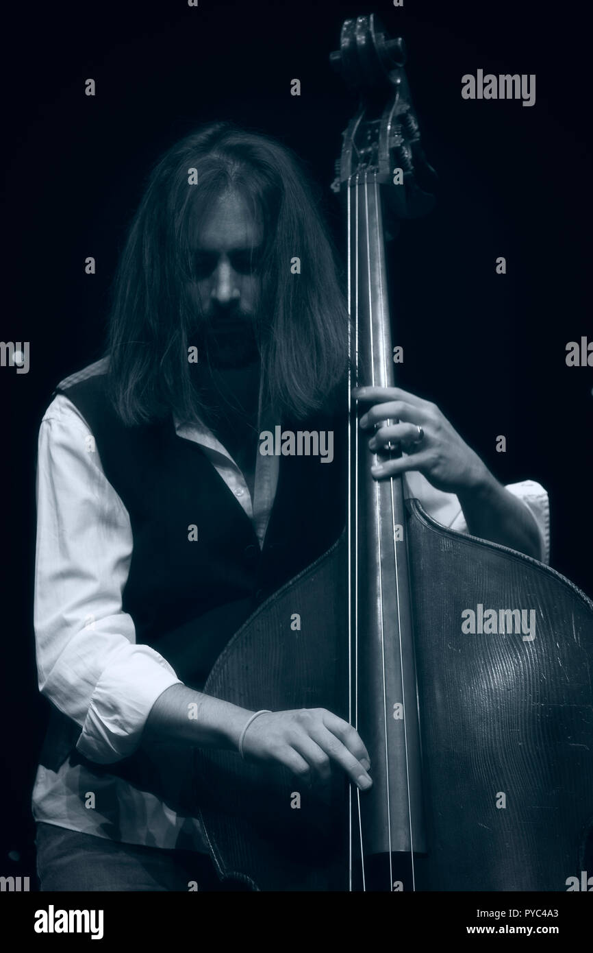 Matt Ridley en solo à la contrebasse avec son Quartet Jazz Festival 2018, Scarborough Banque D'Images