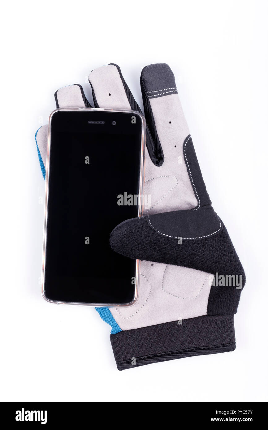 Détail de la tablette tactile d'un doigt de gant de vélo pour gérer le smartphone isolé sur blanc. Banque D'Images