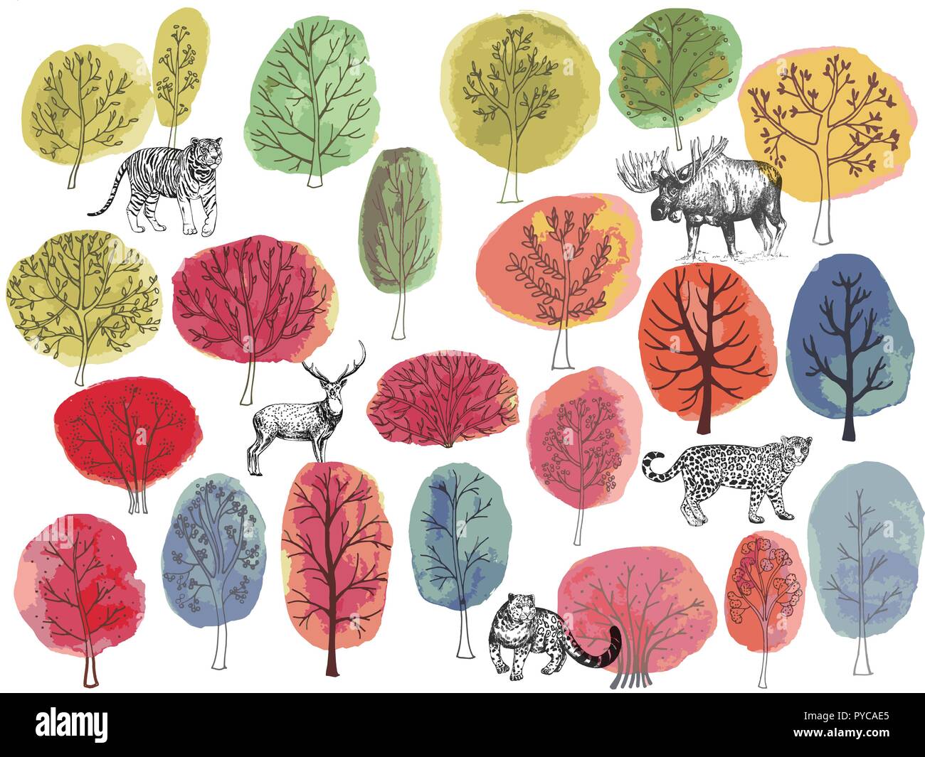 Ensemble de croquis dessinés à la main, les animaux et les arbres colorés de style isolé sur fond blanc. Vector illustration. Illustration de Vecteur