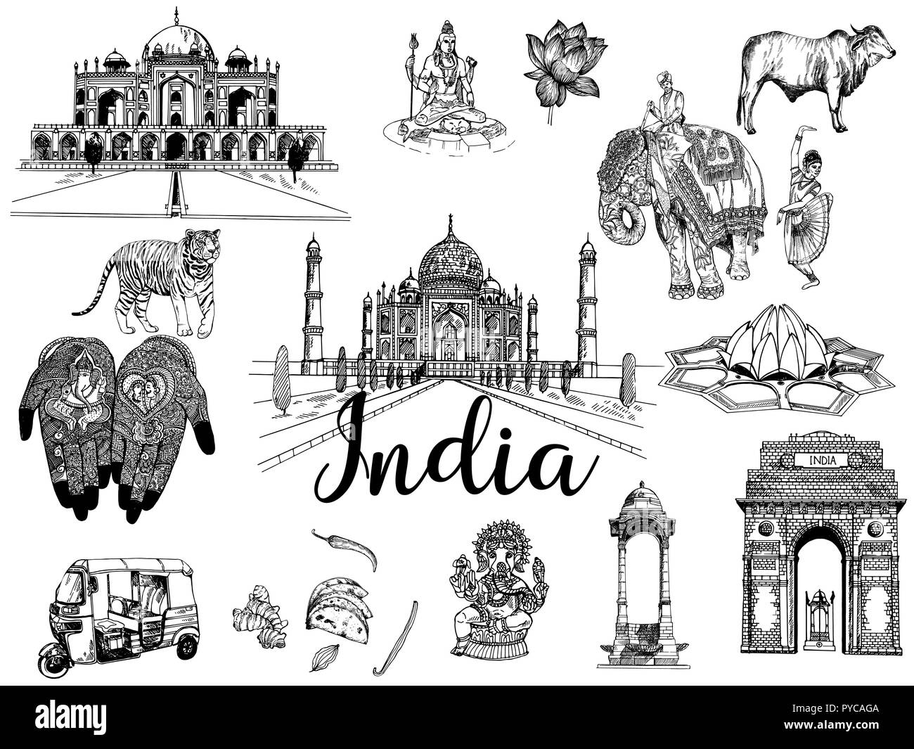 Ensemble de croquis dessinés à la main, objets sur le thème de l'Inde style isolé sur fond blanc. Vector illustration. Illustration de Vecteur