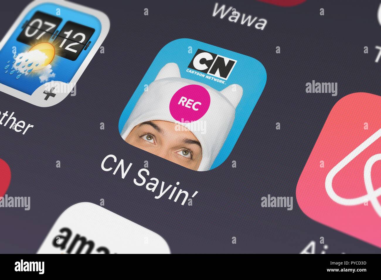 Londres, Royaume-Uni - 26 octobre 2018 : Capture d'écran de la CN sayin' - Cartoon Network mobile app à partir de Cartoon Network icône sur un iPhone. Banque D'Images