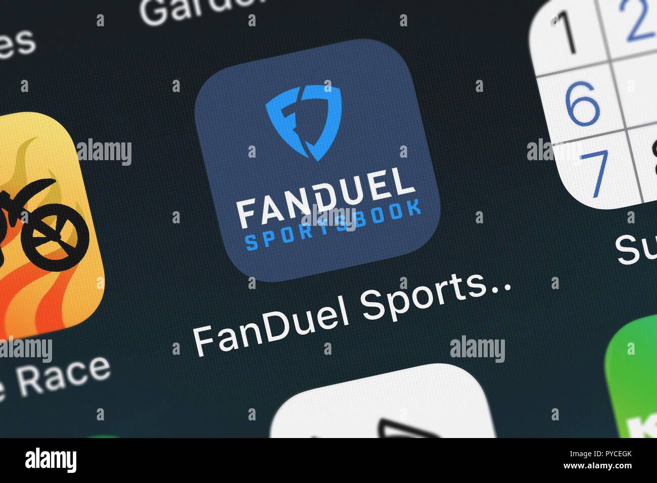 Londres, Royaume-Uni - 26 octobre 2018 : Gros plan d'FanDuel Inc., FanDuel app populaires Sportsbook. Banque D'Images