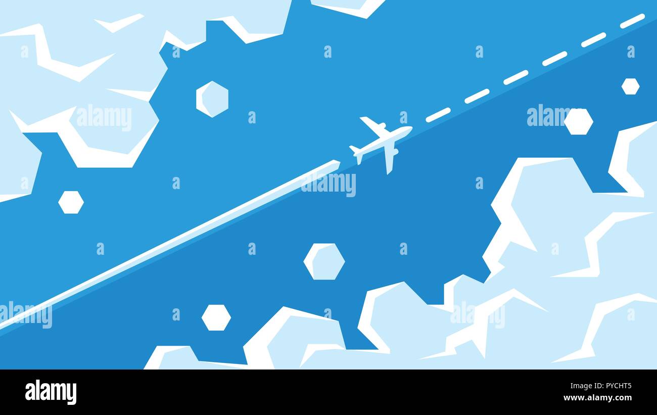 Entre les nuages avion illustration vectorielle. C'est avion volant dans le ciel sur la route. Avion de passagers avec des nuages blancs sur fond bleu Illustration de Vecteur