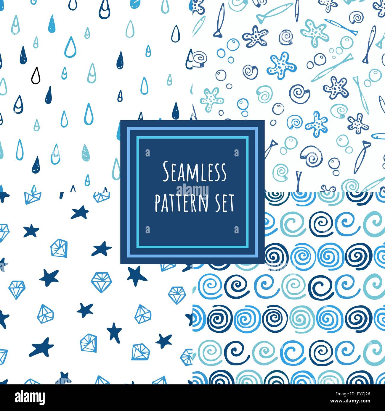 Les tons bleu motif transparent collection. Hand drawn vector backgrounds doodle set. Illustration de Vecteur