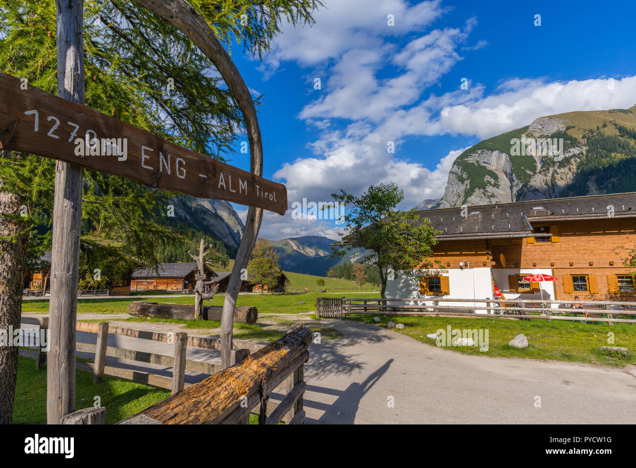 Alp dans Engtal ou étroite vallée, vallée de l'Érable, Grosser Ahornboden, grand terrain, d'érable, Hinterriss Eng, Karwendel, les Alpes, Tyrol, Autriche Banque D'Images