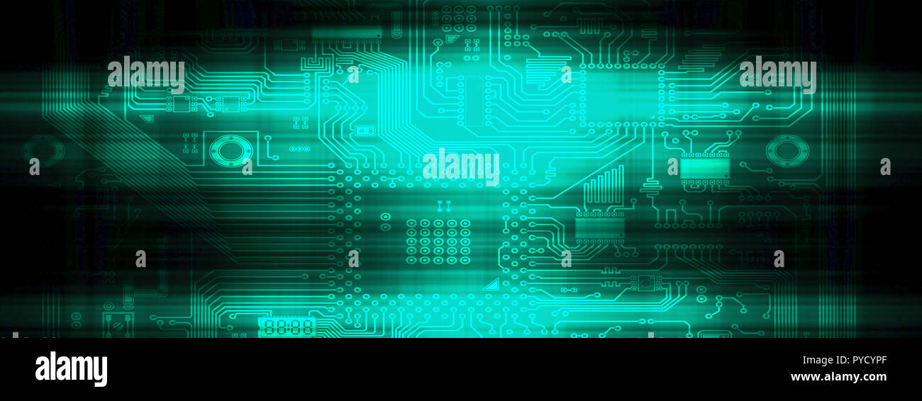 Carte électronique du circuit. Une partie du matériel informatique. Carte mère puce numérique. Technologie science illustration panoramique. Puce intégrée Banque D'Images
