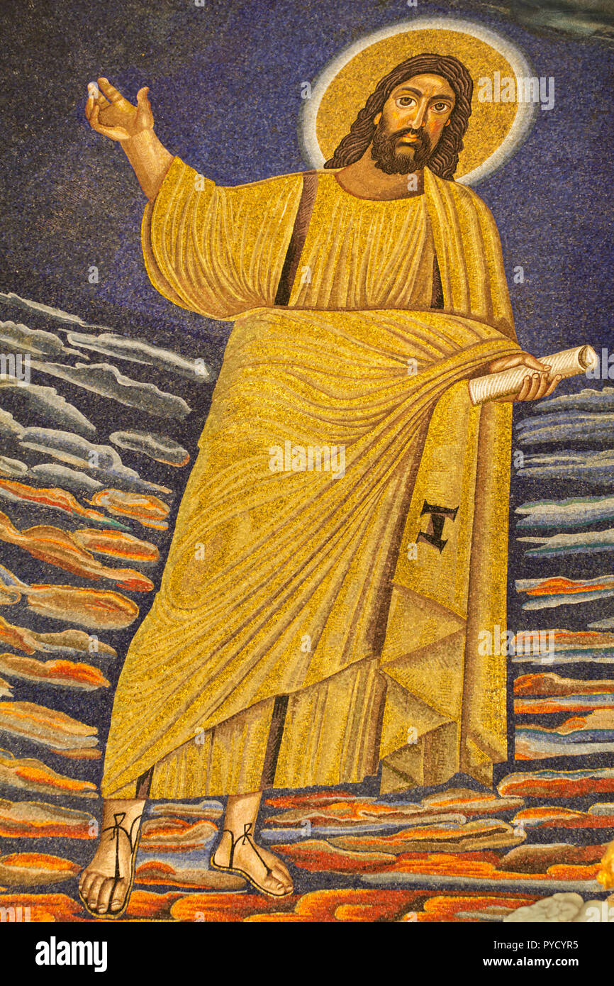 Jésus Christ - Détail de la mosaïque de l'abside du vie siècle (530 AC) - Chef d'œuvre de l'Art Chrétien - la Basilique Santi Cosma e Damiano - Rome Banque D'Images