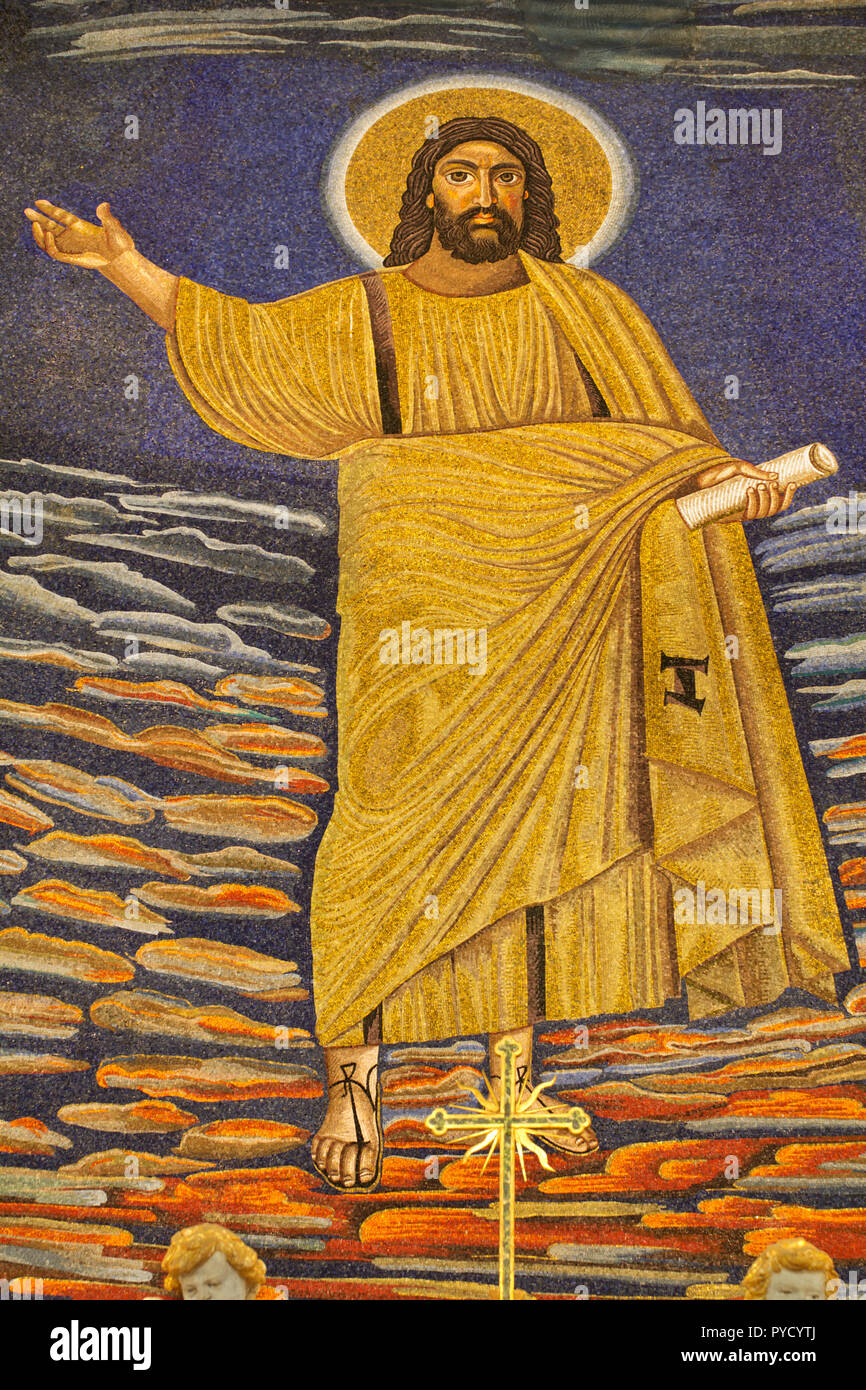 Jésus Christ - Détail de la mosaïque de l'abside du vie siècle (530 AC) - Chef d'œuvre de l'Art Chrétien - la Basilique Santi Cosma e Damiano - Rome Banque D'Images