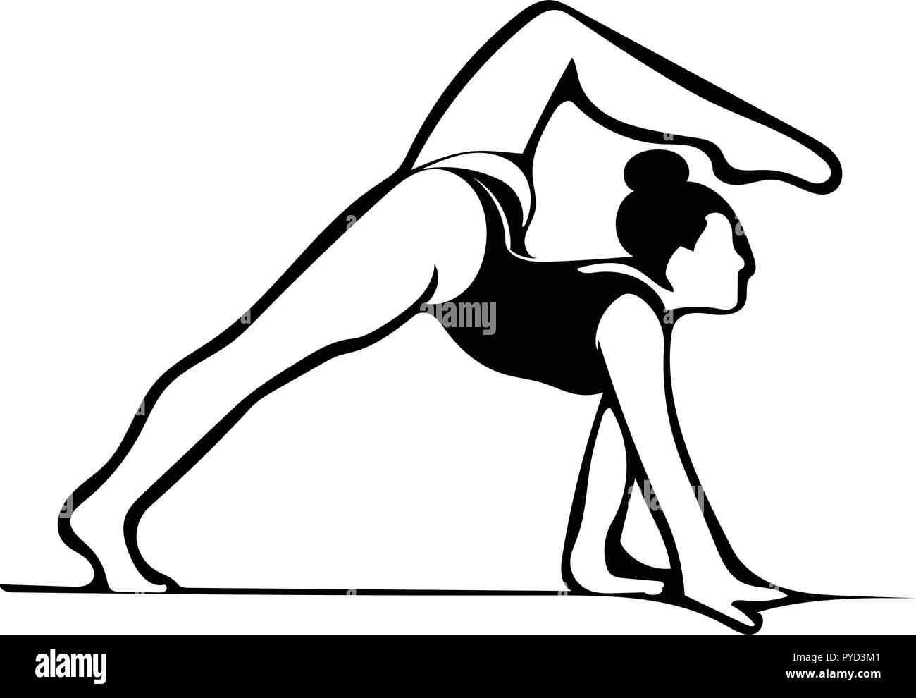 Graphique vectoriel monochrome de gymnaste sur poutre avec jambe pliée sur la tête de profil. Illustration de Vecteur
