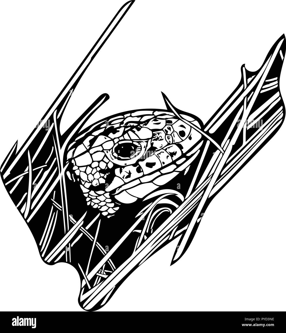 Graphique vectoriel noir et blanc femelle lézard de sable, à l'herbe révélant seulement sa tête Illustration de Vecteur